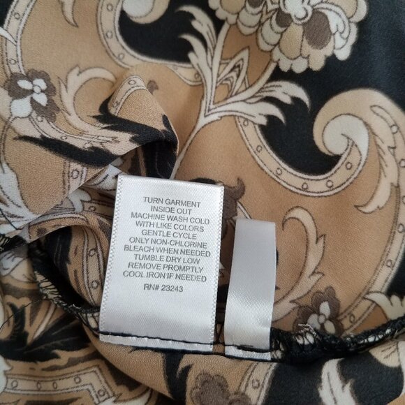 7th Avenue Paisley Blouse LARGE Black Brown Tan Pink Ruffle Button Front V Neck  - Picture 6 of 15